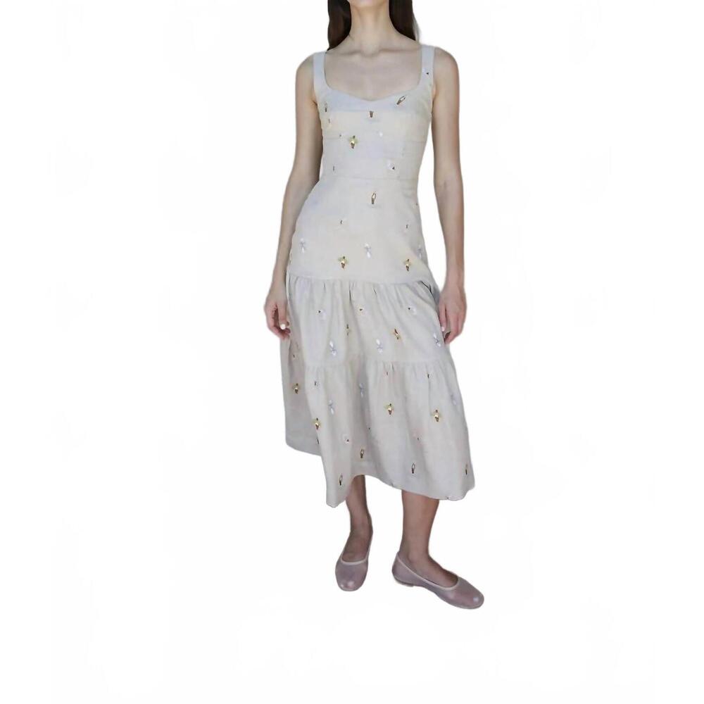 NEW PROJECT ADAMO spitz embroidered midi dress in sand